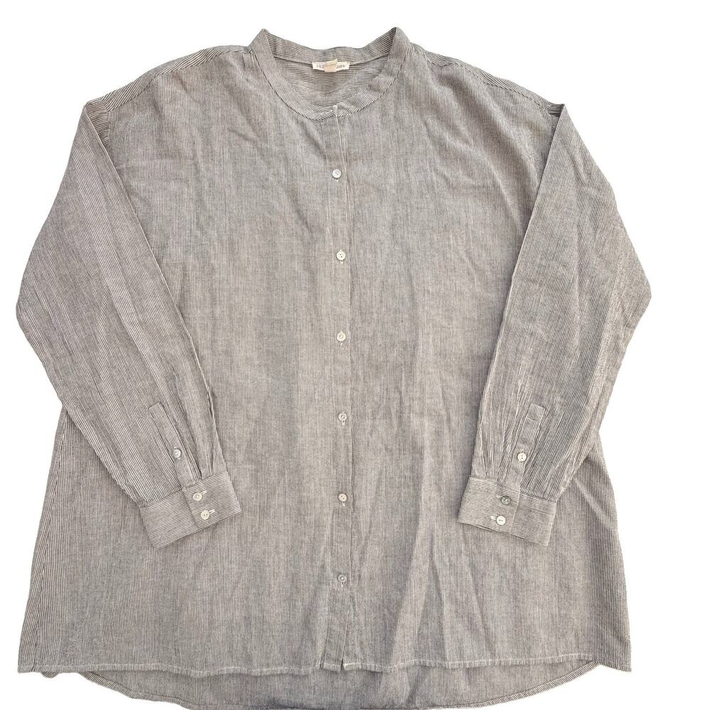 Eileen Fisher Organic Cotton Linen Ticking Stripe Tunic Shirt Band Collar M